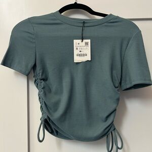 Zara Ribbed Teal Ruched Women Top
